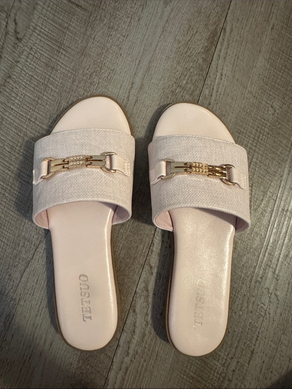 TKEES Pale Pink Slide Sandals with Gold Chain Detail